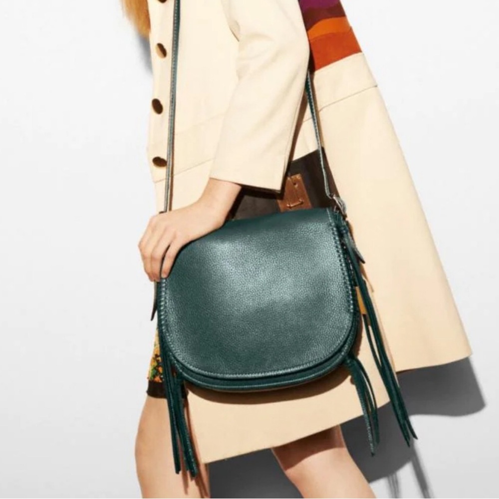 Coach 1941 Whiplash Stitch Studded Fringe Leather Saddle Crossbody Bag, Teal - Picture 15 of 16